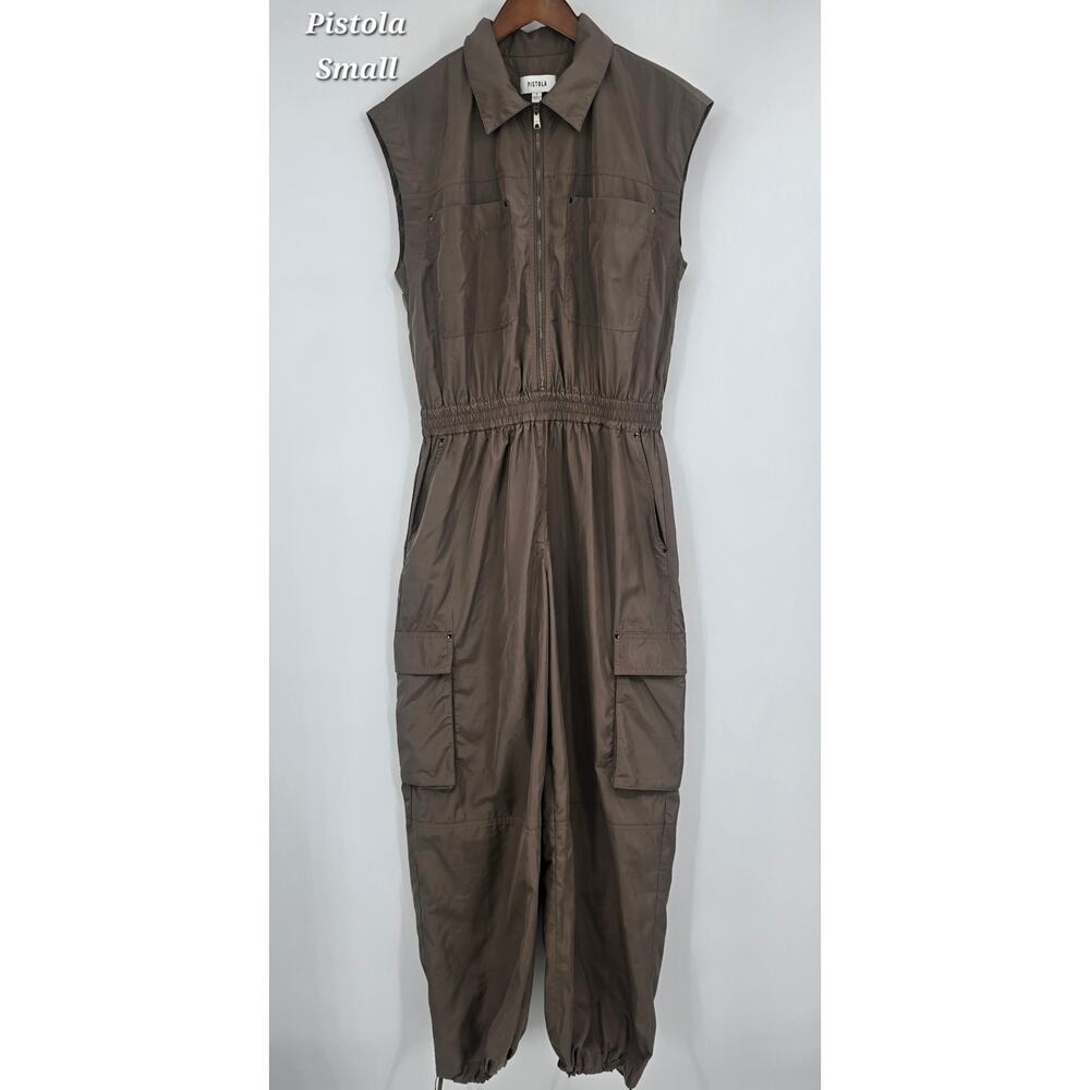 Pistola Becca Utility Jumpsuit Small Smokey Brown Cargo Minimalist Zip Front - Picture 2 of 6